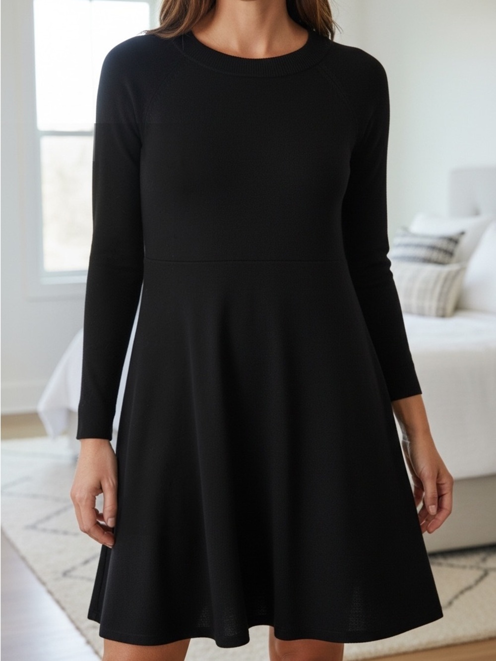 Loft Black Knit Dress Wool Blend Crew Neck Long Sleeve Fit n Flare Sz MP